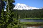 Snow capped Mount Rainier view from Reflection Lake